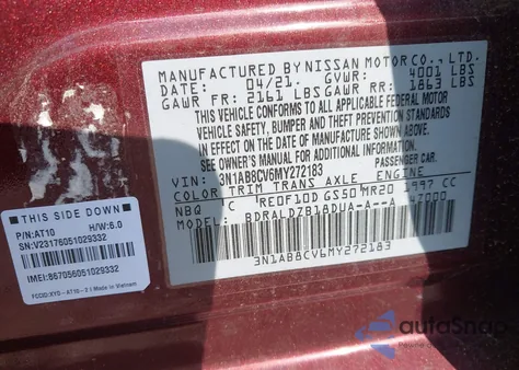 2021 Nissan Sentra Sv z USA, uszkodzony, nr VIN 3N1AB8CV6MY272183